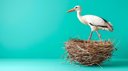   A white stork atop a blue-backed nest against a green wall