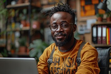 A man in a yellow sweater demonstrates focus and style in a lively work environment filled with indoor plants