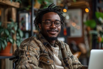 Fototapeta premium An upbeat young man with glasses smiles while using his laptop in a warm and welcoming café environment