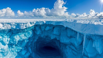   A vast ice cavern submerged in the heart of the ocean, beneath a blue sky adorned with fluffy white clouds, and bathed in the radiant light of the sun