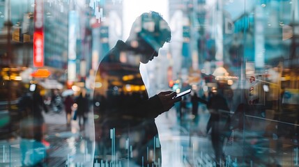 The double exposure image of the business man holding phone sunrise overlay with cityscape image. 