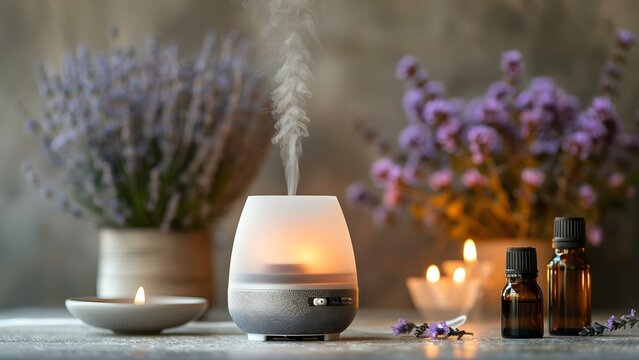 A set of essential oils for a diffuser to promote relaxation. Concept Aromatherapy, Relaxation, Essential Oils, Diffuser, Wellness