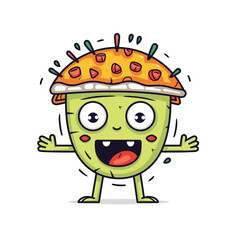 Animated guacamole character dressed taco, happy taco costume, taco Tuesday mascot. Cute guacamole illustration joyful expression, food cartoon, toppings. Green character, shell, isolated white