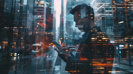 The double exposure image of the business man holding phone sunrise overlay with cityscape image. 