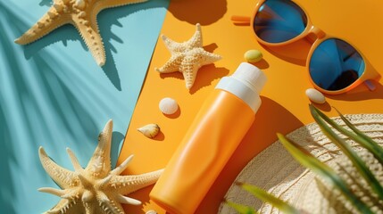 A bottle of sunscreen sitting on top of a beach towel. Perfect for summer vacation concepts - obrazy, fototapety, plakaty