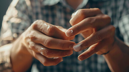 Asian man doing manicure on light background closeup - - Powered by Adobe