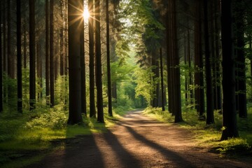 Fototapeta premium Magical summer scenery in a dreamy forest, with rays of sunlight beautifully illuminating the wafts of mist and painting stunning colors into the trees. High quality photo