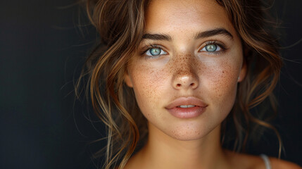 Obraz premium Professional studio photo portrait of a attractive beautiful young woman, stunning girl with natural beauty, natural beauty, a person, with a pronounced emotional expression, widescreen 16:9