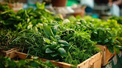 Assortment of fresh herbs on counter at farmers market