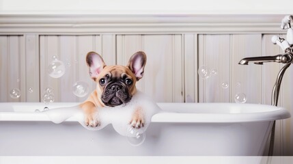 French bulldog puppy bathes in the bath
