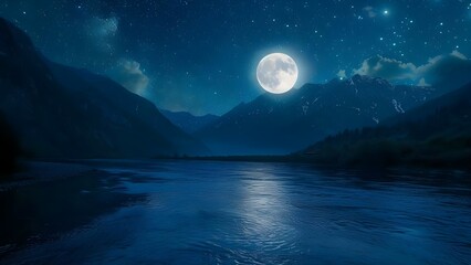 Tranquil River Flowing Through Moonlit Mountains Under Starry Skies. Concept Nature, River, Mountains, Stars, Tranquility