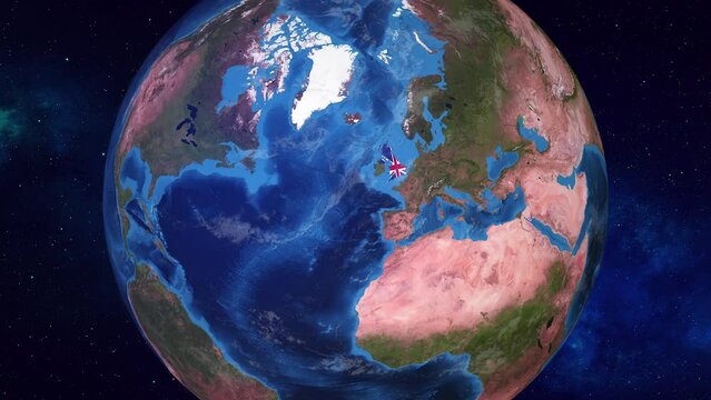 United Kingdom: Realistic 3D Animation of earth zoom in to United Kingdom with borders highlighted with its National Flag in 4K