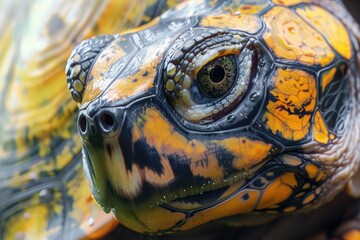 A detailed shot of a turtle's face with a blurred background. Perfect for nature and wildlife themes