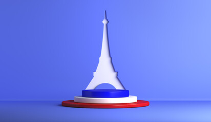 Happy Bastille Day display podium decoration background with Eiffel tower copy space text, 3D rendering illustration