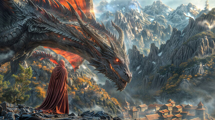 Mysterious person in red robe and a large dragon look down at a town