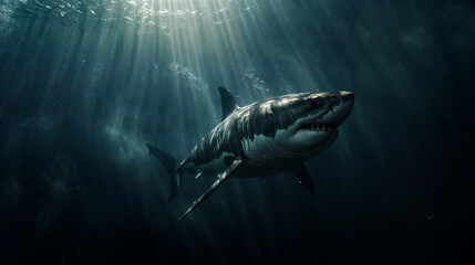 Fototapeta premium Great white shark swimming through the ocean with light shining down