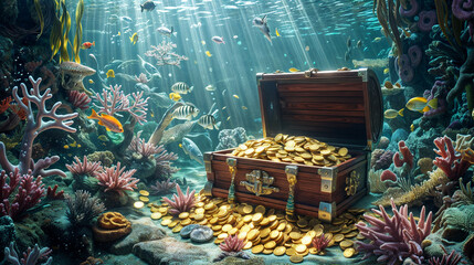 Chest full of gold underwater