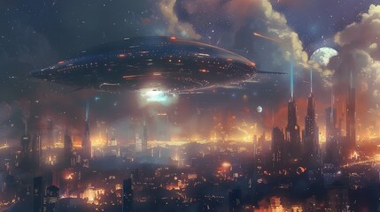A massive alien spaceship hovers ominously over a bustling futuristic city at night, casting an eerie glow under a starry sky.