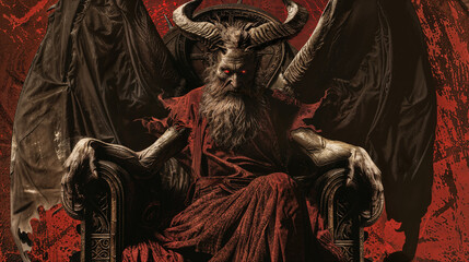 Demon or Satan with large leathery wings sitting on his throne