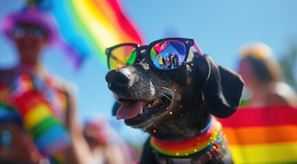 Funny dachsund dog wearing sunglasses on the beach at summer pride month parade. Rainbow flags. Funny dog on vacation