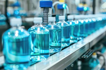 Bottles of water on a conveyor belt, suitable for industrial and manufacturing concepts
