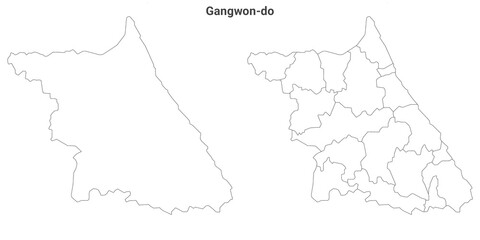 set of 2 political maps of gangwon province,  South Korea with regions isolated on white background. gangwon-do map with counties and cities