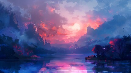 Captivating digital art of a surreal sunset casting vibrant pink and blue hues over a serene, mystical lake landscape, Digital art style, illustration painting.