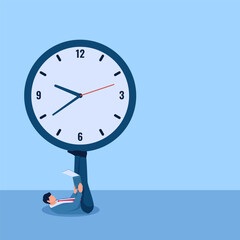 Man lying down holding a big clock on his feet and working on a laptop, illustration under pressure.