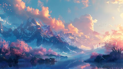 This digital painting captures a tranquil mountain lake under a pink sunset, surrounded by flowering trees and snowy peaks, Digital art style, illustration painting.