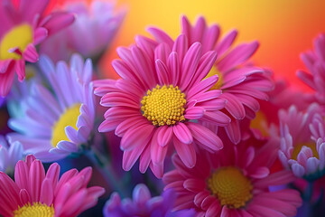 pink and yellow centers, encircled by purple and yellow petals against a deep red backdrop