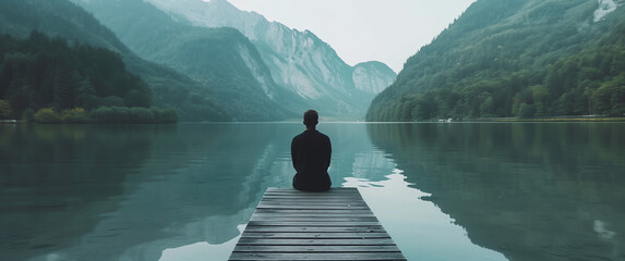Man sitting peacefully on a wooden pier, contemplating a serene mountain lake surrounded by forested hills