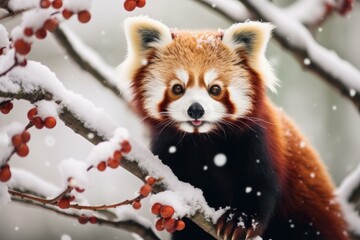 Enchanting Red panda winter snow. Fur resting tropical. Generate Ai