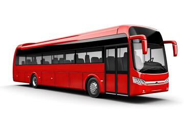 A red and black bus is shown from a side view. The bus has black windows and a black front bumper. The bus is on a white background.