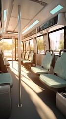 Fototapeta premium An empty bus with a futuristic interior. The seats are made of green leather and the walls are white. The bus is lit by a soft, natural light.