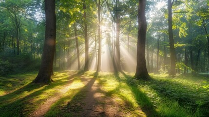 Obraz premium Magical summer scenery in a dreamy forest, with rays of sunlight beautifully illuminating the wafts of mist and painting stunning colors into the trees. High quality photo