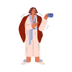 Vector of woman in blankets with tea and thermometer. Isolated background.