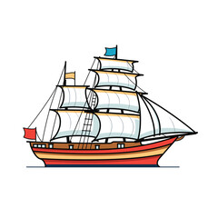 Colorful sailing ship illustration, featuring multiple sails flags. Vibrant tall ship cartoon drawing, representing historical maritime transport. Classic clipper vector art, perfect educational