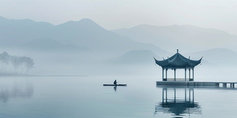 Serenely tranquil scene with a lone rower on a misty lake near a traditional Chinese pavilion, with...