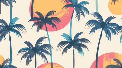 Stylish Summer Vacation Seamless pattern. Landscape, Modern Palm trees , Mountain beach and ocean vector hand drawn style ,Design for fashion , fabric, textile, and all prints
