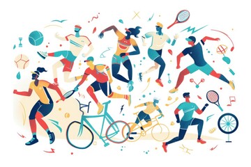 Group of people running and playing tennis, suitable for sports and fitness concepts