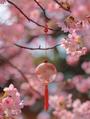 Japanese traditional wind bell or furin chimes symbol of summer on bokeh background