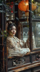 From the ground, looking up to the window on the second floor, there's a Chinese-style beauty wearing Hanfu, leaning out of the window with a handkerchief.