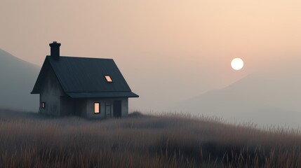 Landscape photograph of a wooden house located in beautiful field with the sun in the background