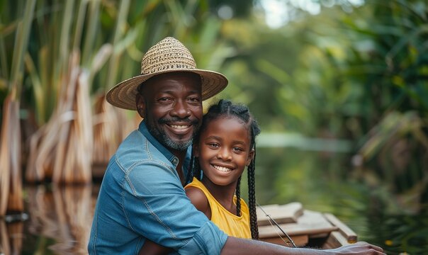 Candid black father and childr fishing together. Father's Day concept. African american dad and daughter bonding outdoors. - Powered by Adobe