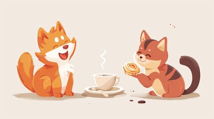 cute animals drinking tea or coffee, children's illustration
