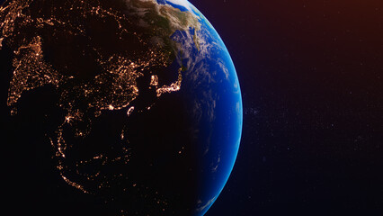 Planet Earth at night from space. City lights on planet. Star and galaxy. Continents of Asia and Pacific Ocean. Elements of this image furnished by NASA. 3D rendering.