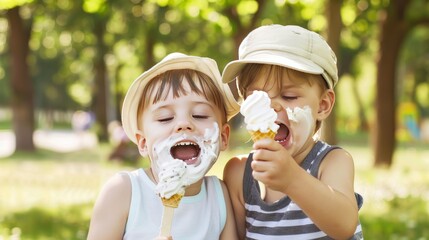 Obraz premium Two young kids with ice cream all over their faces.