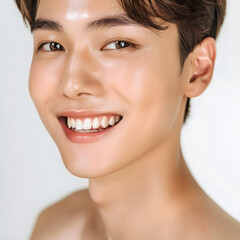 Obraz premium Portrait of a handsome Korean man with clean and fresh skin. beauty, spa, aesthetic salon, skin care,