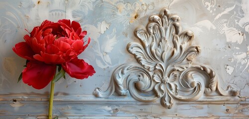A stunning close-up of a vibrant red peony flower intricately detailed against a textured wall. 