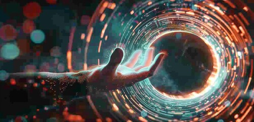 A mesmerizing scene of a hand delving into a swirling vortex of light particles representing data. 